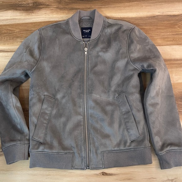 Abercrombie & Fitch Bomber Jacket Mens Large Gray Full Zip Ribbed Faux Suede - Picture 3 of 10